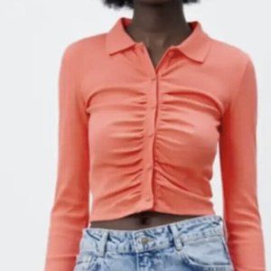 Zara NEW Womens Ruched Coral Rib Knit Top Shirt Size S Button Down Front